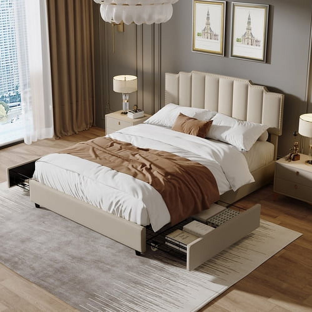 Queen Size Bed Frame, Linen Bed Frame with 2 Storage Drawers and