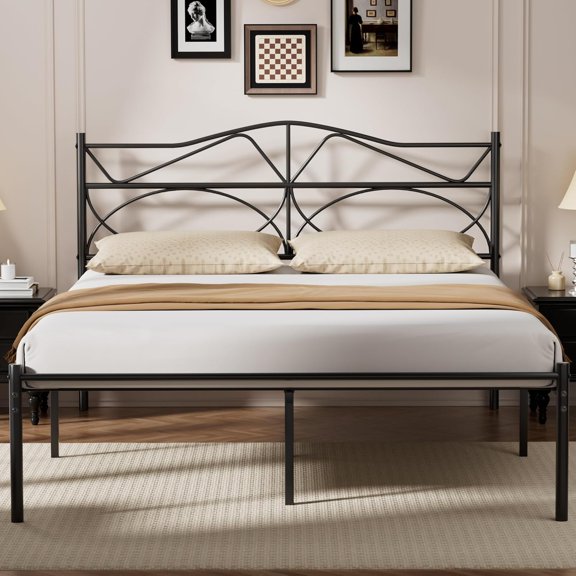Queen Size Bed Frame, Metal Bed Platform with Headboard, Sturdy Steel Slats Support, No Box Spring Needed/Noise-Free,Easy Assembly, Black