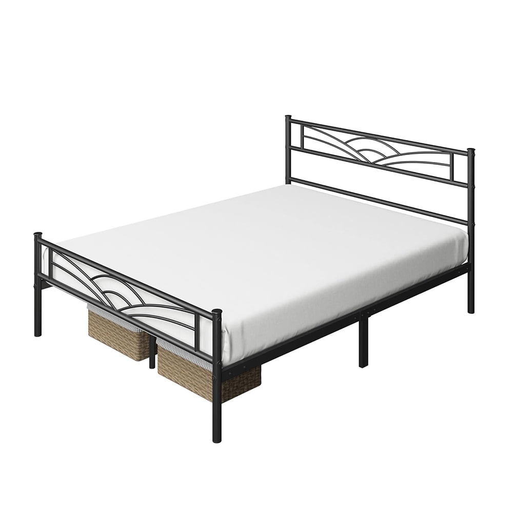 Queen Black Metal Platform Bed Frame with Cloud-Inspired Headboard