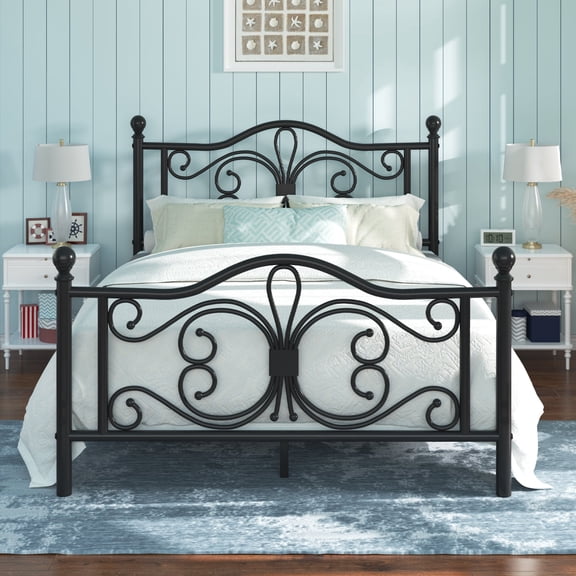 Queen Size Metal Platform Bed Frame With Butterfly Design Headboard And Footboard, No Box Spring Needed, Easy Assembly, Black
