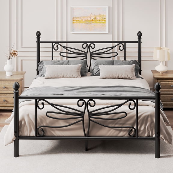 Queen Size Bed Frame, Metal Platform Bed Frame with Dragonfly Pattern Headboard and Footboard, No Box Spring Needed, Black