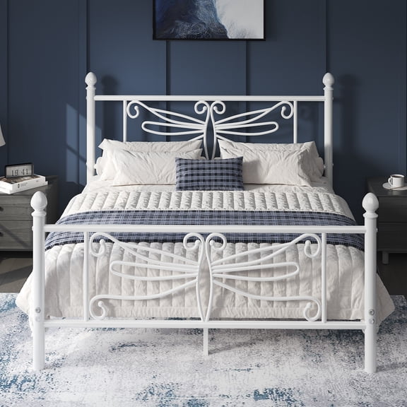 Queen Size Bed Frame, Metal Platform Bed Frame with Dragonfly Pattern Headboard and Footboard, No Box Spring Needed, White