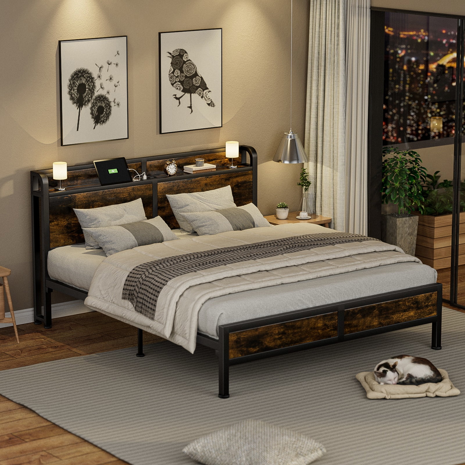 Queen Size Bed Frame Metal Platform Bed Frame with Storage Headboard ...
