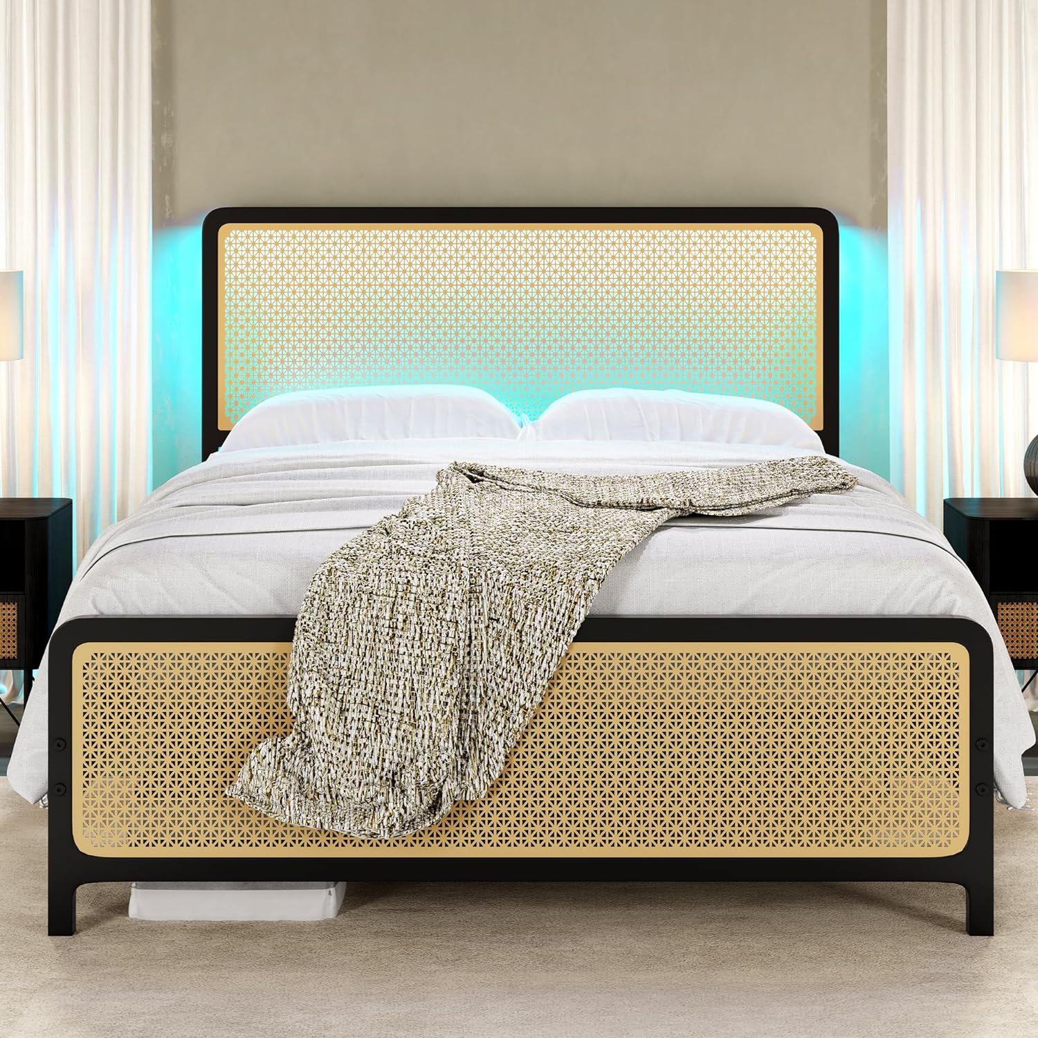 Queen Size Bed Frame with Metal Rattan Headboard and Footboard, Queen