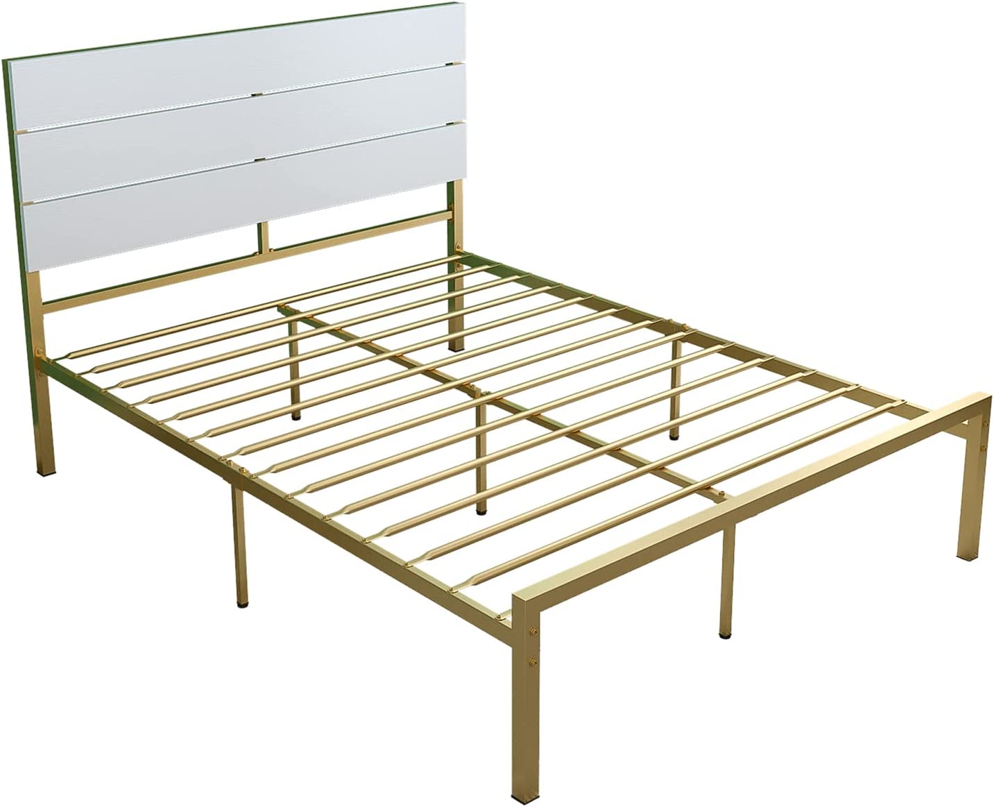 Queen Size Bed Frame Metal Wood Complete Bed Platform with White