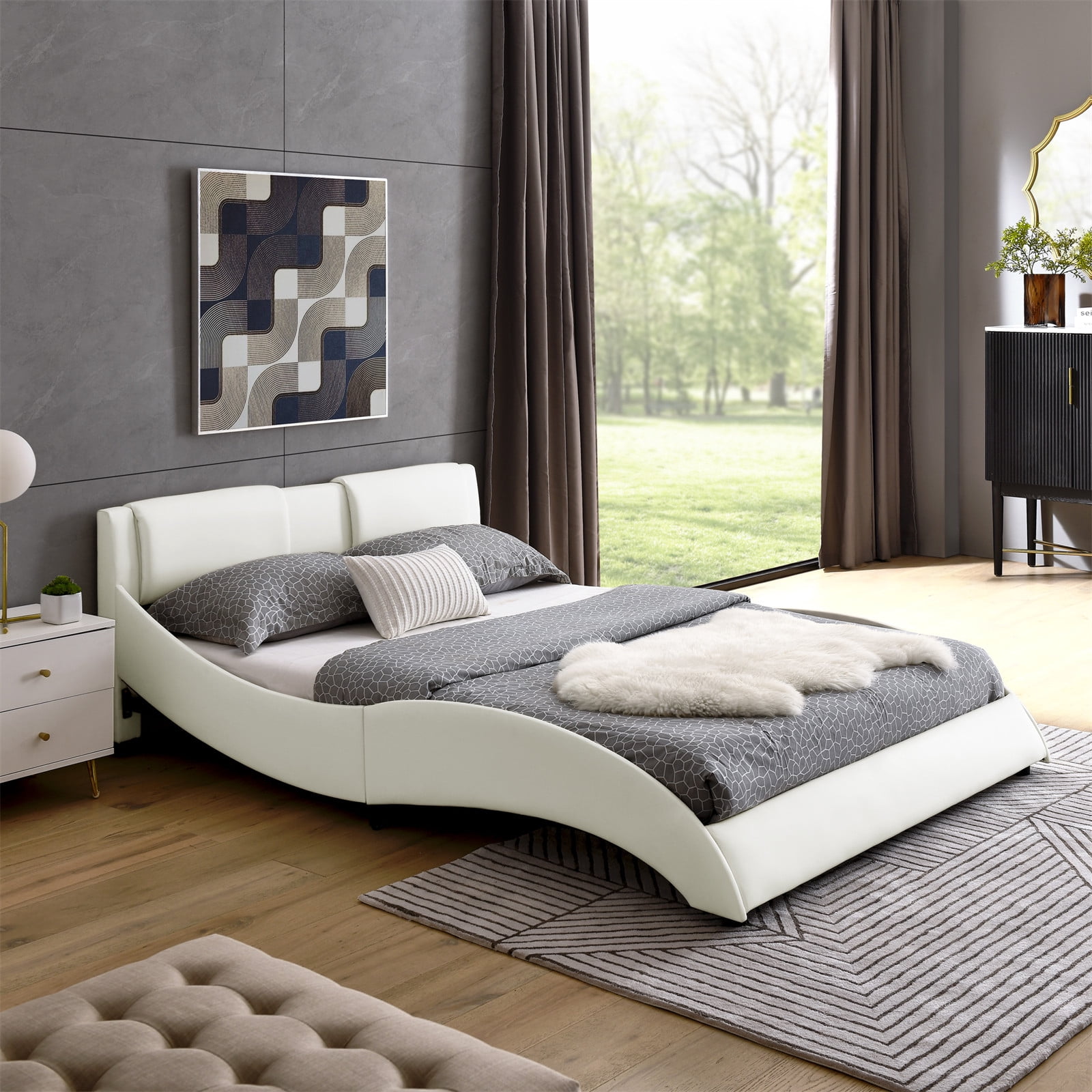 Queen Size Bed Frame, Modern Faux Leather Upholstered Platform Bed ...