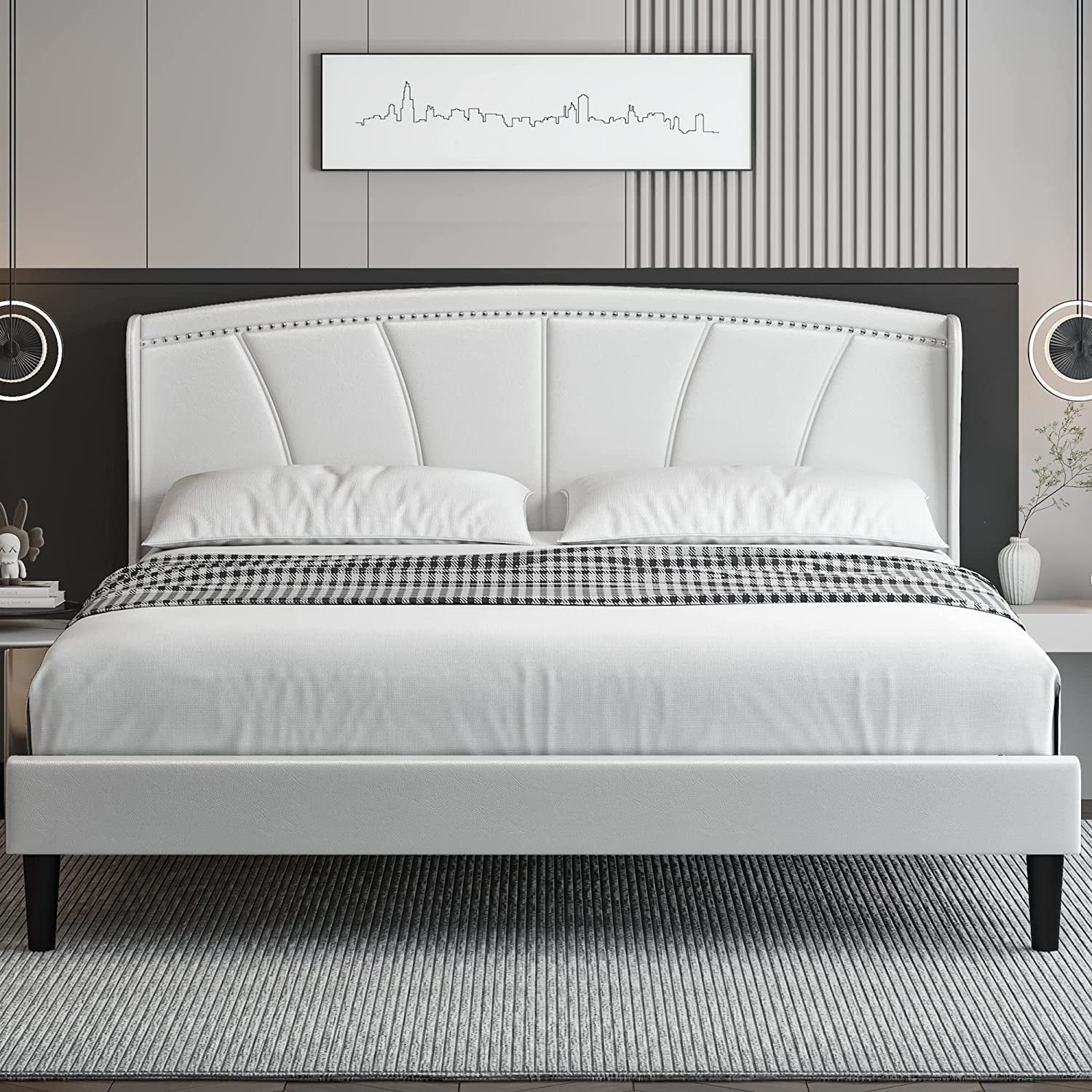 Queen Size Bed Frame Modern Faux Leather Upholstered Platform Bed with