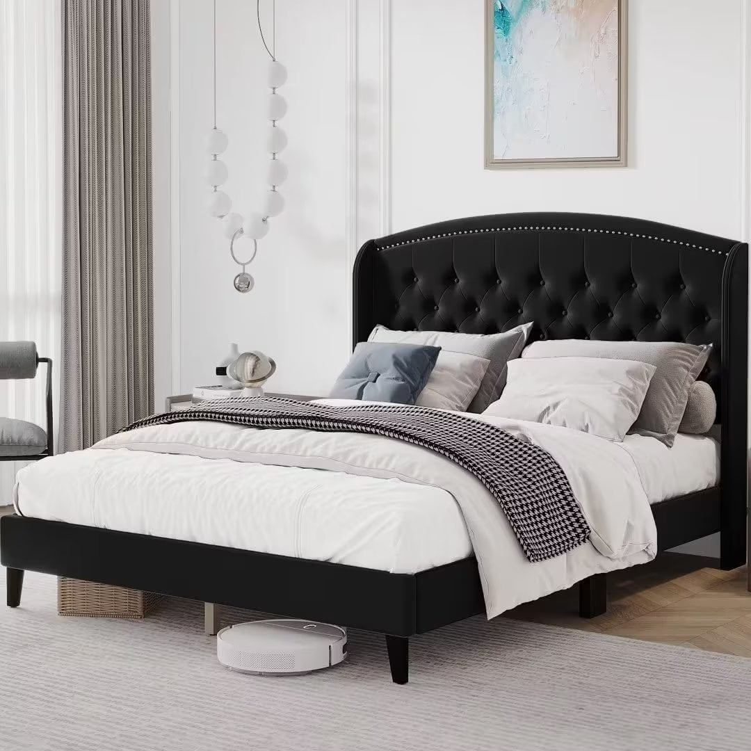 Queen Size Bed Frame, Modern Platform Bed with Upholstered Wingback ...