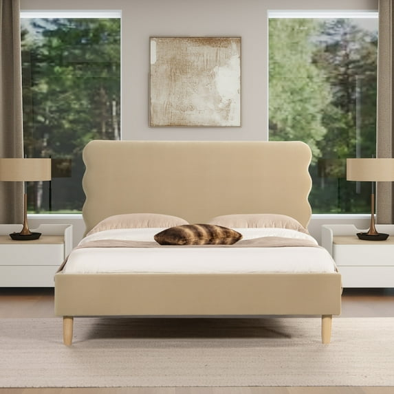 Queen Size Bed Frame, Modern Wavy Headboard Platform Bed, Retro Wooden Bed Frame with Side Rails, Brown