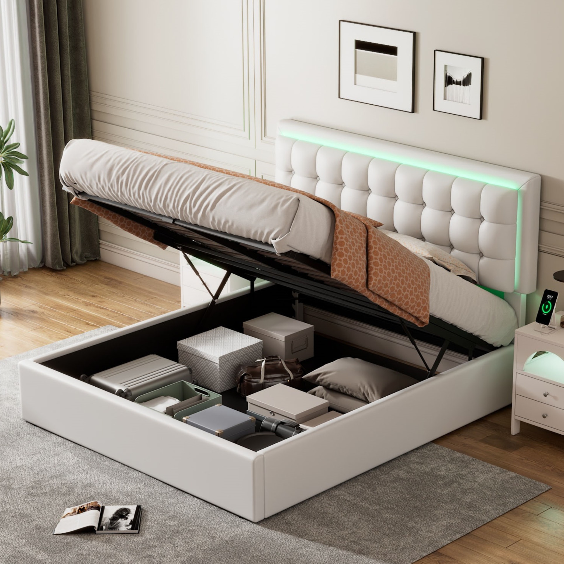 Queen Size Bed Frame, PU Bed Frame with Hydraulic Storage System