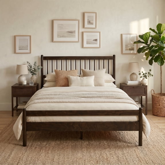 Queen Size Bed Frame,Pinewood Platform Queen Bed Frame with Spindle Headboard,Strong Wood Slat Support,No Box Spring Needed,Brown