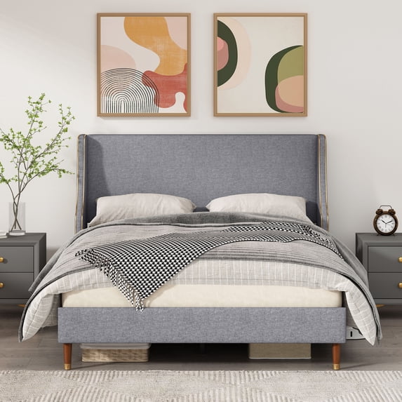 Queen Size Bed Frame, Platform Bed Frame with Upholstered Headboard, Modern Deluxe Wingback, Wood Slat Support, Mattress Foundation