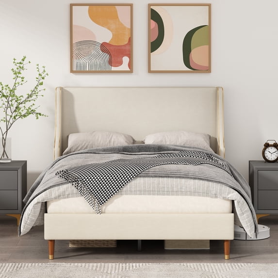 Queen Size Bed Frame, Platform Bed Frame with Upholstered Headboard, Modern Deluxe Wingback, Wood Slat Support, Mattress Foundation