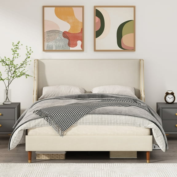 Queen Size Bed Frame, Platform Bed Frame with Upholstered Headboard, Modern Deluxe Wingback, Wood Slat Support, Mattress Foundation