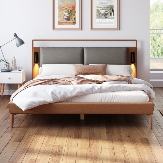 Queen Size Bed Frame,Platform Queen Bed Frame with PU Leather Headboard and 2 Night Lights for Bedroom,Solid Wood Slats Support,85.5"x66.9"x34.5",Brown