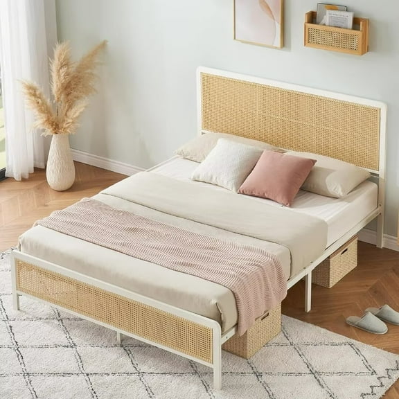 Queen Size Bed Frame with Rattan Headboard and Footboard, Modern Style Boho Bed Frames with Heavy Duty Sturdy Steel Slat Support, No Box Spring Needed