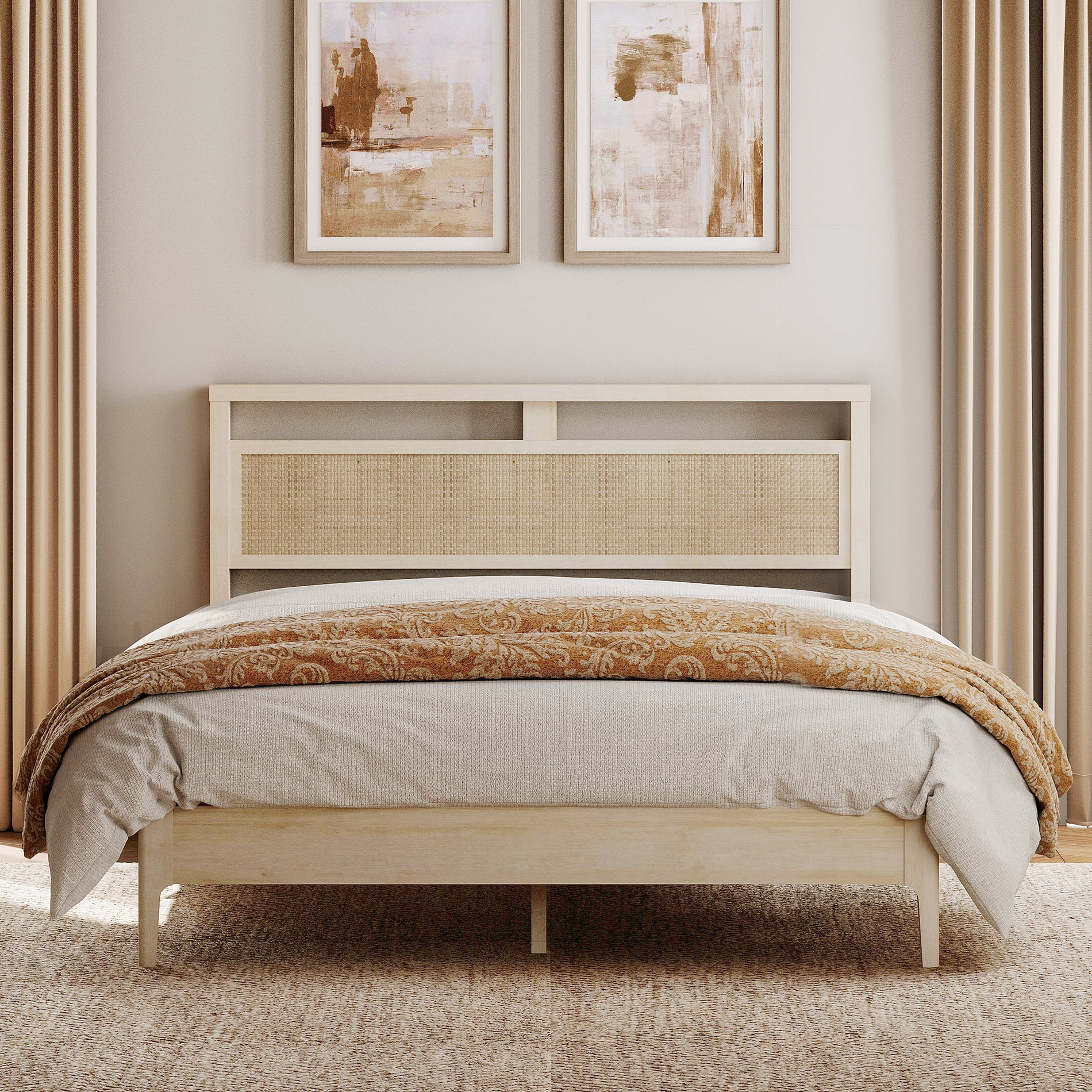 Queen Size Bed Frame with Rattan Headboard, Wooden Bed Frame with Solid Wood Legs and Multiple Mid-Position Supporting Beams for Bedroom Furniture, Quiet and Stable, Beige
