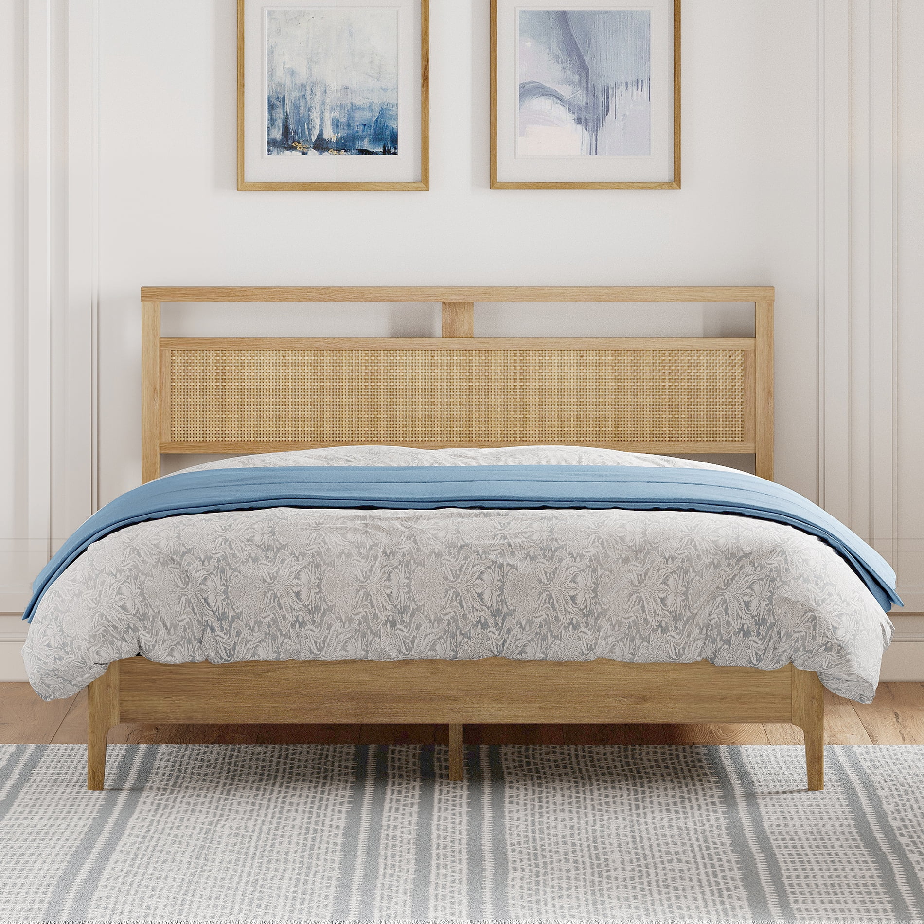 Queen Size Bed Frame with Rattan Headboard, Wooden Bed Frame with Solid Wood Legs and Multiple Mid-Position Supporting Beams for Bedroom Furniture, Quiet and Stable, Oak