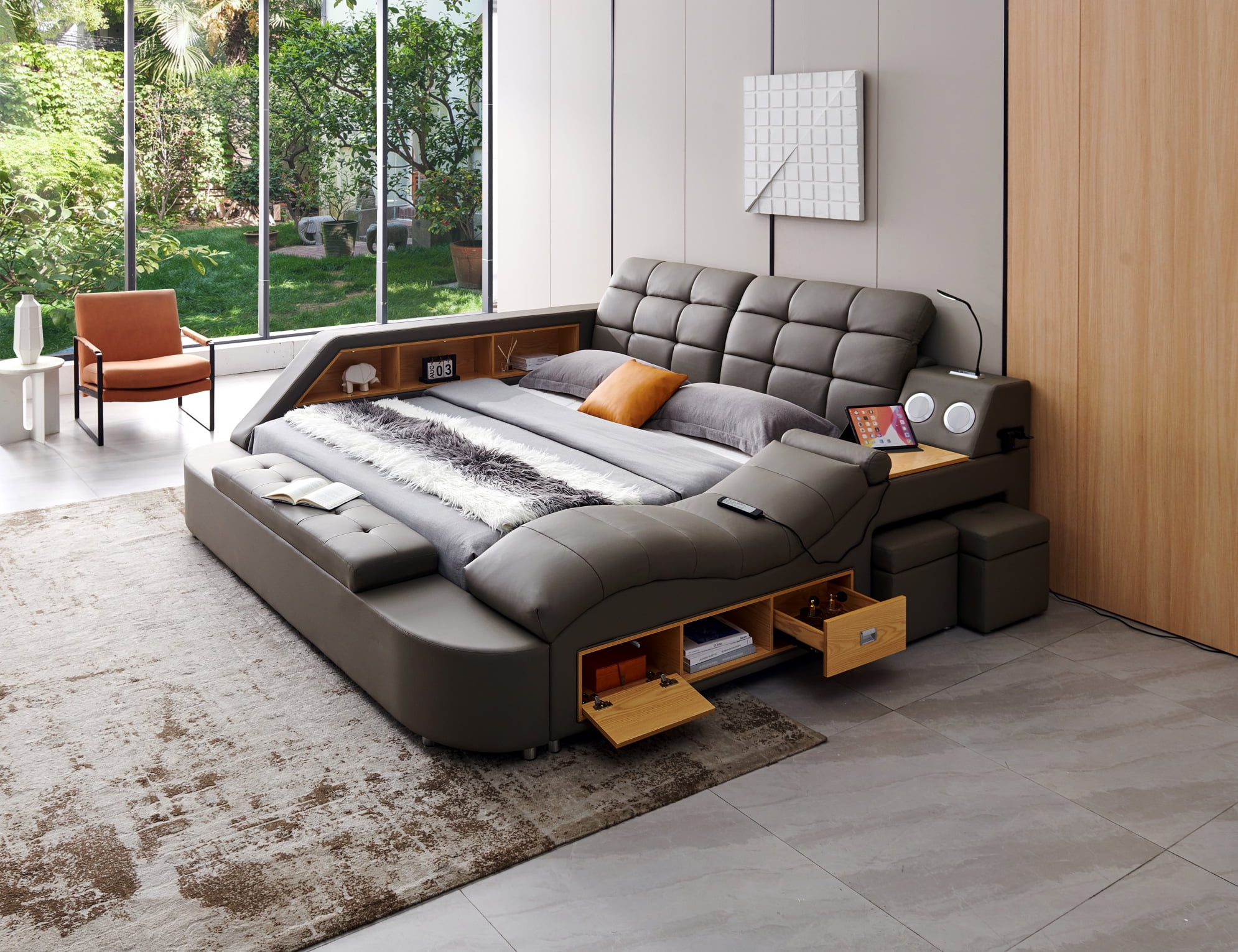 Queen Size Bed Frame with Right Massage Chaise Lounge Multifunctional Platform Bed with Storage Side Cabinet USB Port and Light Wood Bed Frame with End of Bed Storage Ottoman for Adult Grey Walmart ...