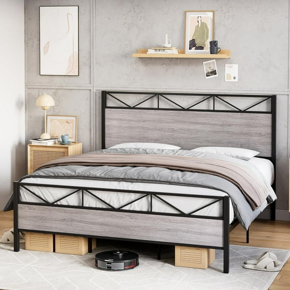 Queen Size Bed Frame with Rustic Leather Headboard and Footboard, Metal Platform Bed Frame Full Heavy Duty, Sturdy Steel Slat Support, No Box Spring Needed, Light Grey
