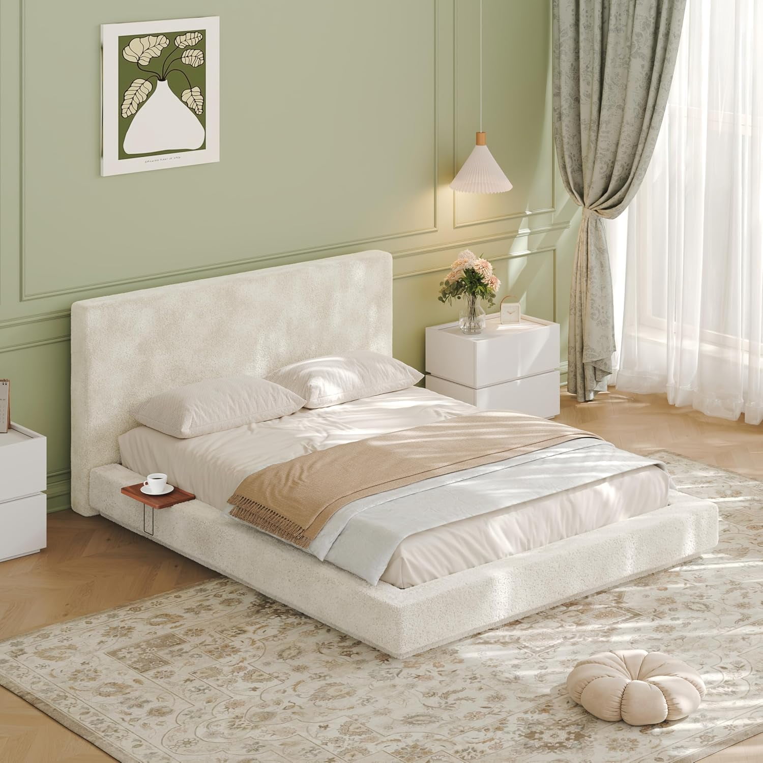 Queen Size Bed Frame, Sherpa Upholstered Platform Bed Frame, Soft Cloud Floating Floor Bed with Headboard, Footboard, 2 Side Shelf, Metal Slats, No Box Spring Needed, Easy Assembly, Off White