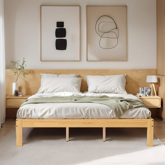 Queen Size Bed Frame, Solid Wood Platform with Wood Slat Support, No Box Spring Needed, Natural