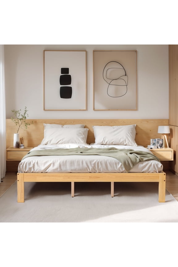 Queen Size Bed Frame, Solid Wood Platform with Wood Slat Support, No Box Spring Needed, Natural