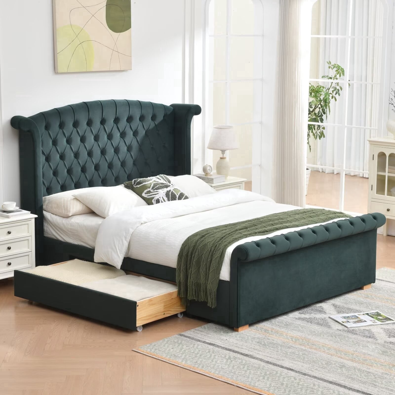 Zanmintaobo Queen Velvet Upholstered Bed Frame with 52"H Wingback Headboard,Button Tufted,Storage Drawer,No Box Spring Needed,Easy Assembly,Green