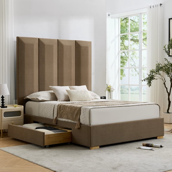 Queen Size Bed Frame with Storage Drawers, 71.5" Extra Tall Vertical Channel Headboard, Velvet-Like Upholstered Platform Bed, Wood Slat Support, No Box Spring Needed, Taupe