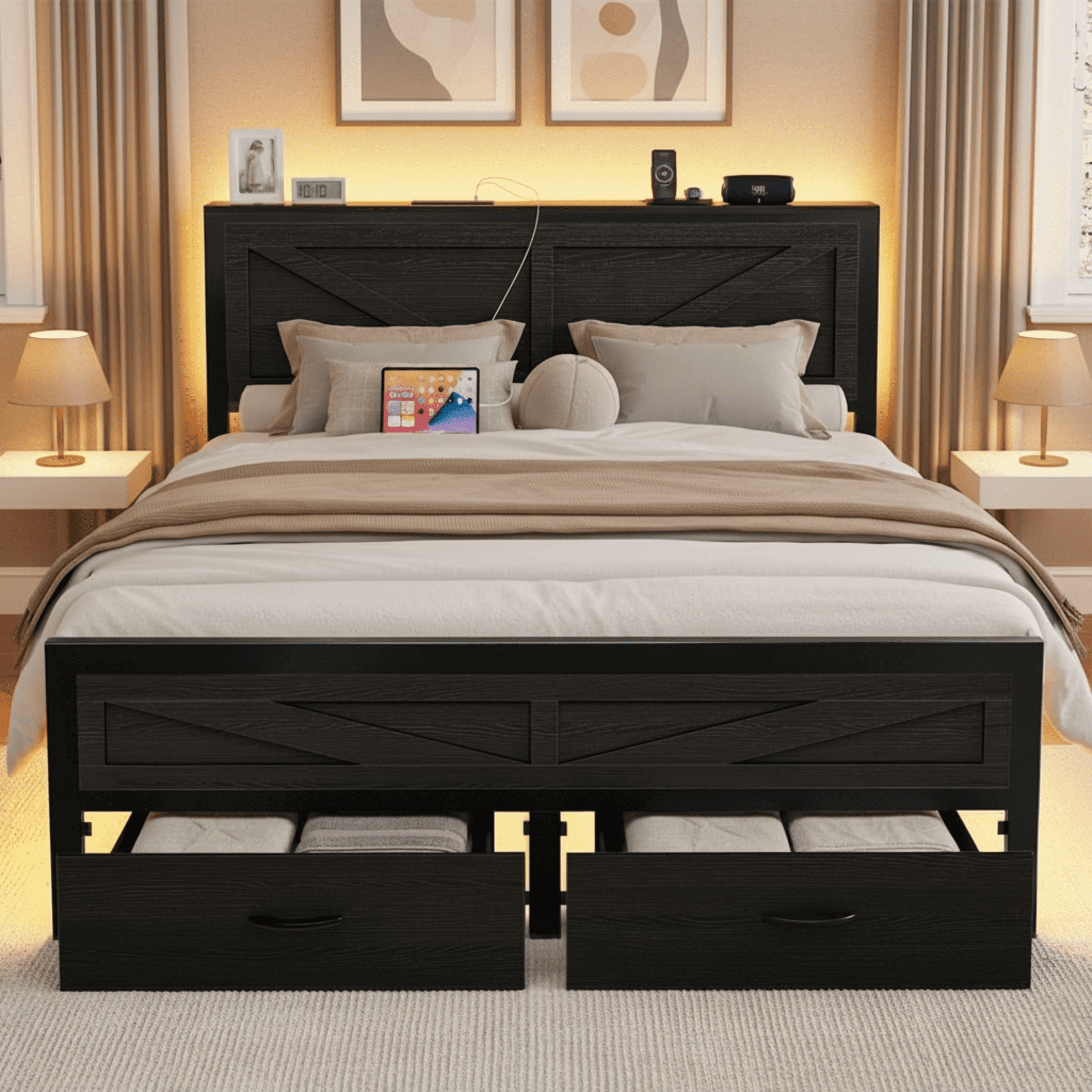Queen Size Bed Frame with Storage Drawers & Barn Door Headboard, Industrial Farmhouse Platform Bed with LED Lights & Charging Station, No Box Spring Needed (Black)