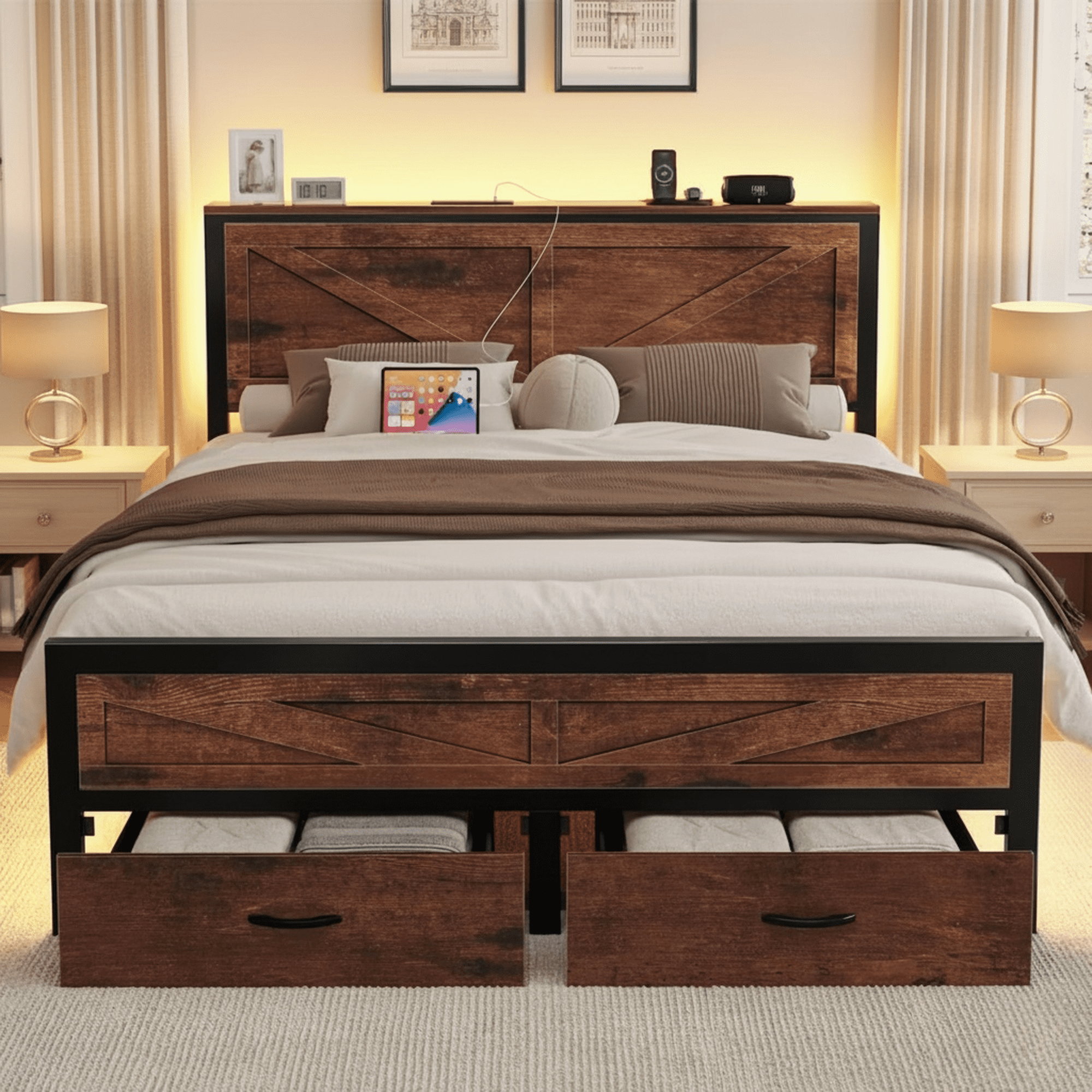 Queen Size Bed Frame with Storage Drawers & Barn Door Headboard, Industrial Farmhouse Platform Bed with LED Lights & Charging Station, No Box Spring Needed (Brown)