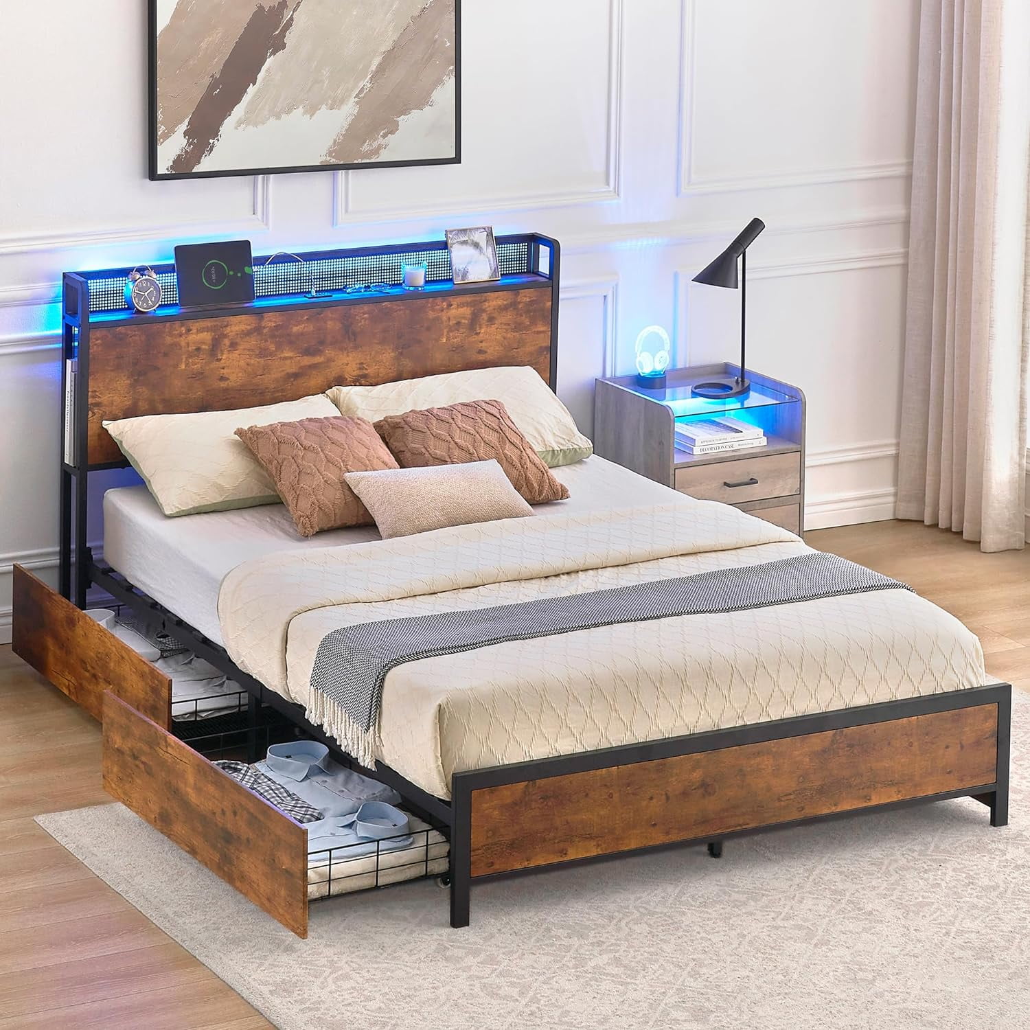 Queen Size Rustic Brown Metal Frame Bed with Storage Drawers and LED Headboard