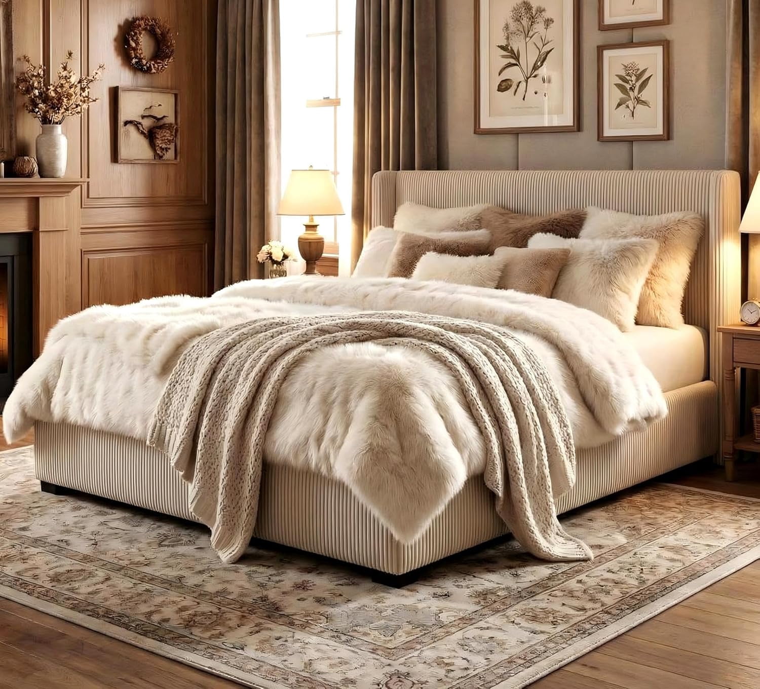 Queen Size Bed Frame with Storage Drawers, Corduroy Upholstered Platform Bed with Wingback, Tufted Headboard and Footboard, No Box Spring Needed, Beige