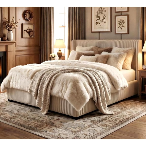Queen Size Bed Frame with Storage Drawers, Corduroy Upholstered Platform Bed with Wingback, Tufted Headboard and Footboard, No Box Spring Needed, Beige