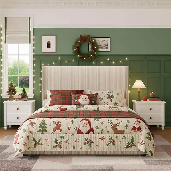 Queen Size Bed Frame with Storage Drawers, Corduroy Upholstered Platform Bed with Wingback, Tufted Headboard and Footboard, No Box Spring Needed, Beige