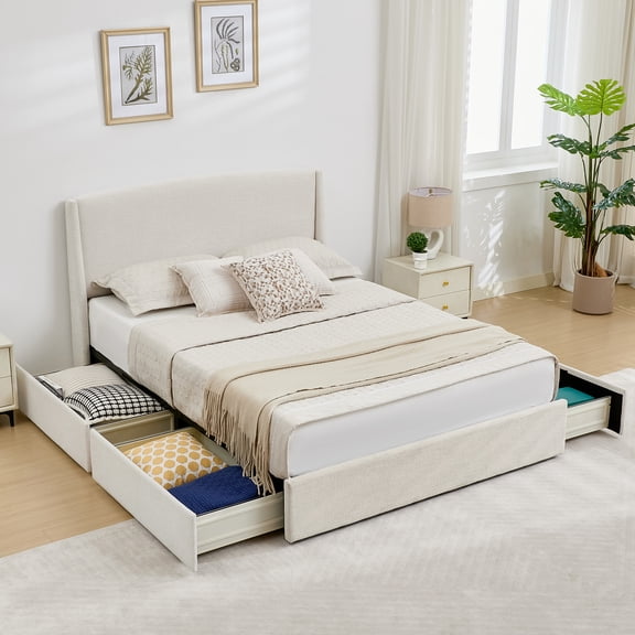 VELOCAVA Queen Size Bed Frame with Storage Drawers, Linen-Look Upholstery, Curved Headboard, Cream White