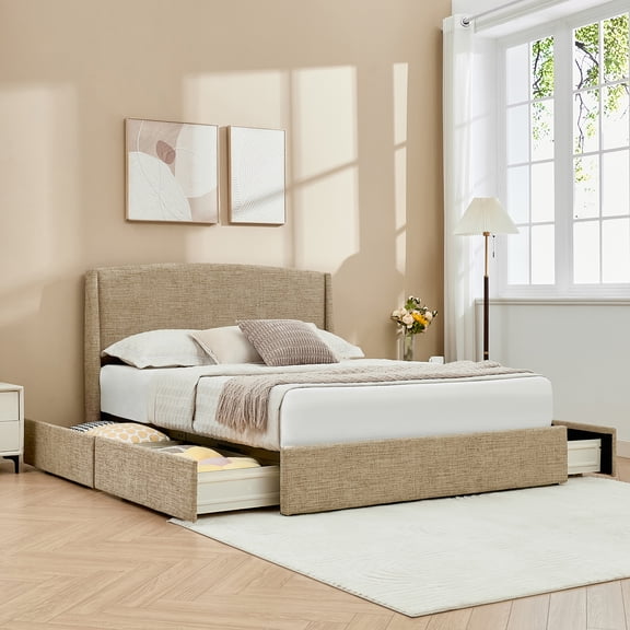 VELOCAVA Queen Size Bed Frame with Storage Drawers, Linen-Look Upholstery, Curved Headboard, Warm Beige