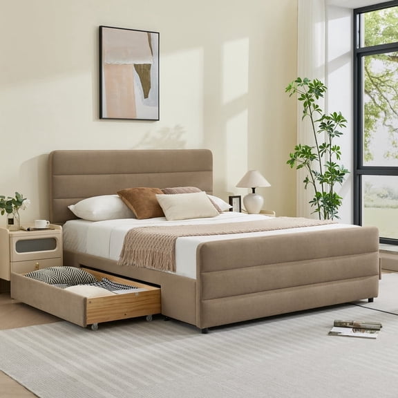 Queen Size Bed Frame with Storage Drawers, Upholstered Velvet-Like Platform Bed with Tall Padded Headboard and Low Footboard, Wood Slat Support, No Box Spring Needed, Taupe