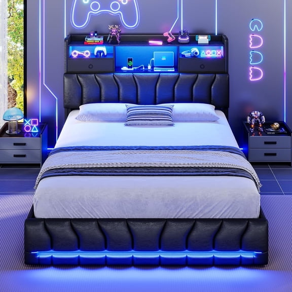 Queen Size Bed Frame with Storage Headboard and 2 Drawers,Leather Upholstered Platform Bed with Hidden Bookcse Headboard and Charging Station ,Queen Size Gaming Bed with RGB LED Light,Black