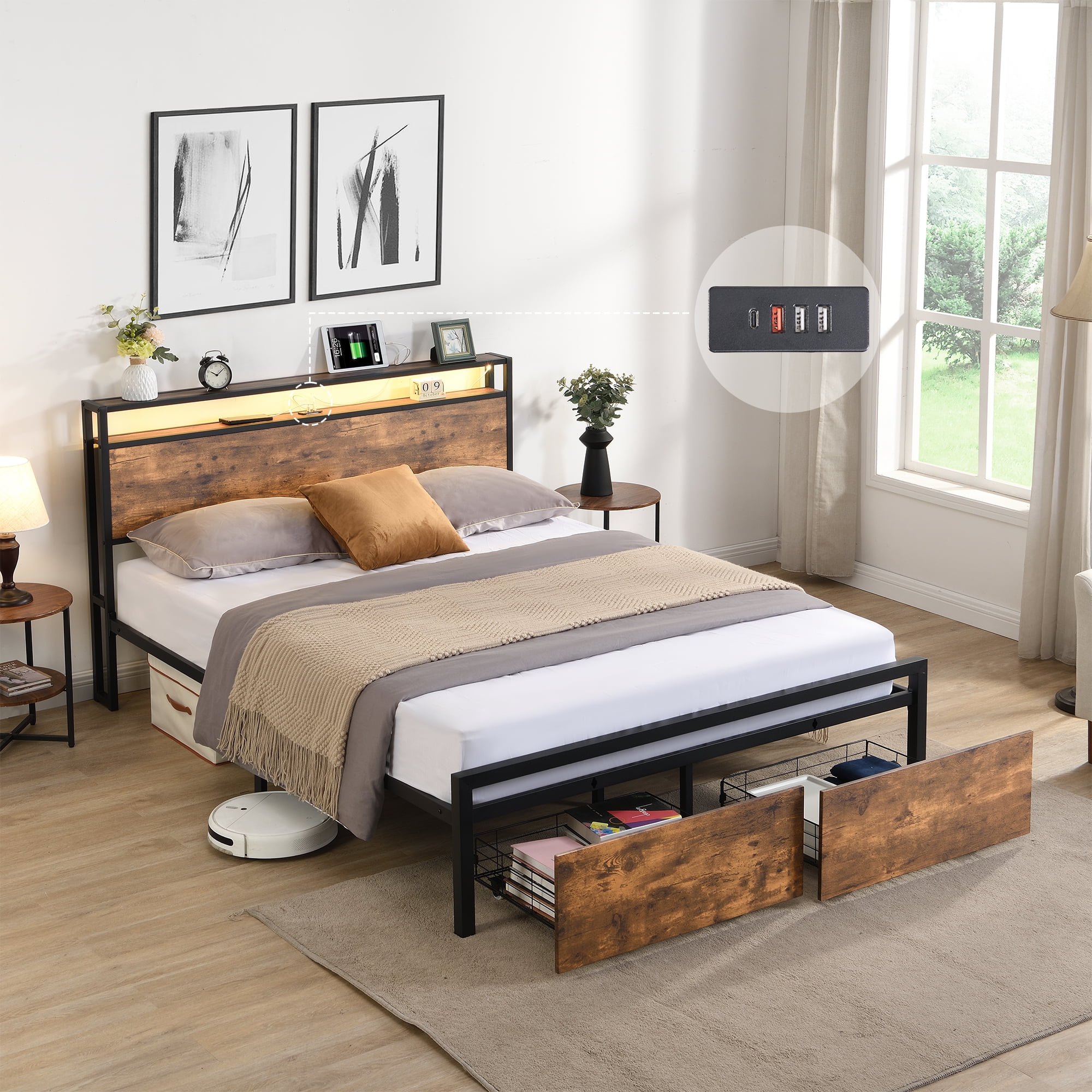 Queen Size Bed Frame with Storage Headboard and 2 Drawers,Wood Metal