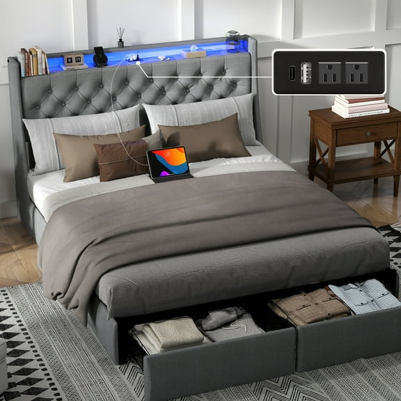 Queen Size Bed Frame with Storage Headboard and 2 Storage Drawers, Upholstered Platform Beds with Charging Station and LED Lights, No Box Spring Needed/Noise-Free