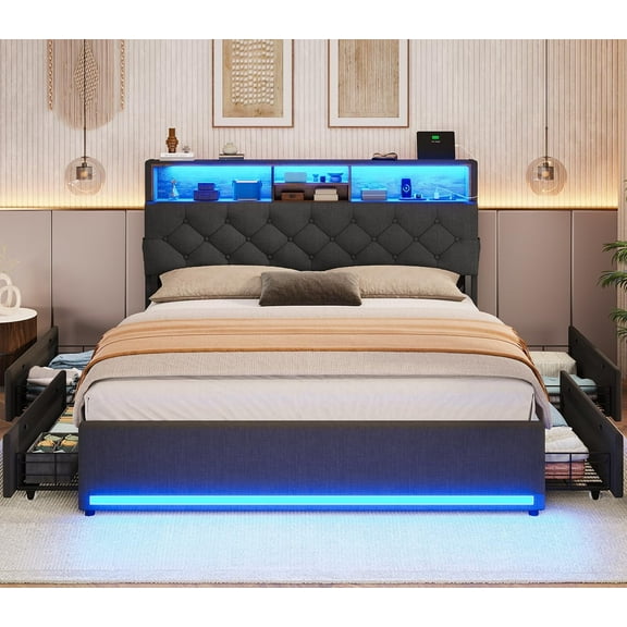 Queen Size Bed Frame with Storage Headboard & 4 Drawers, Upholstered Bed Frame Queen with LED Light and Charging Station, Metal Bed Frame, No Box Spring Needed, Dark Grey