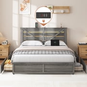 Queen Size Bed Frame with Storage Headboard (4 Storage Drawers on Bed Body + LED Lighting) – Anti-Slip & Noise-Free Metal Mattress Support Platform + Sturdy Met