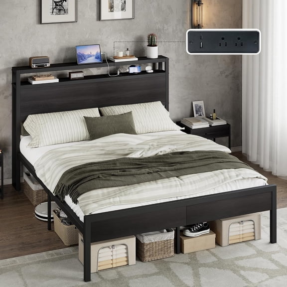 Queen Size Bed Frame with Storage Headboard & Charging Station, Industrial Metal Platform Bed with Large Under-Bed Storage, Heavy Duty Slats, No Box Spring Needed, Black