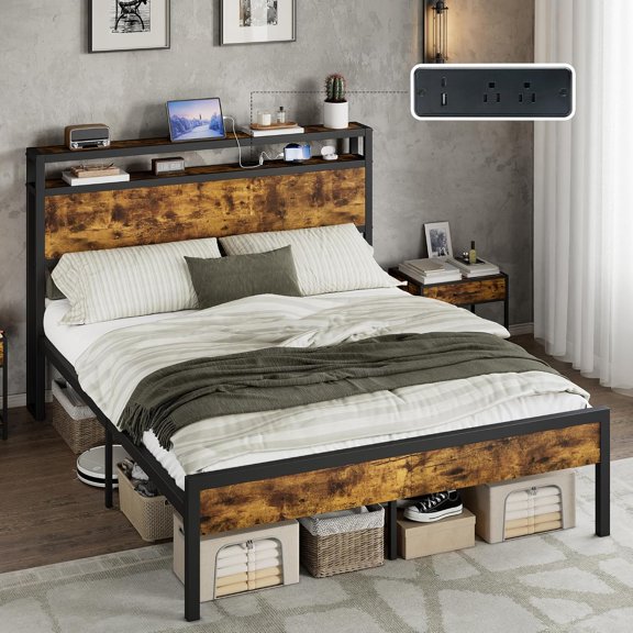 Queen Size Bed Frame with Storage Headboard & Charging Station, Industrial Metal Platform Bed with Large Under-Bed Storage, Heavy Duty Slats, No Box Spring Needed, Dark Brown
