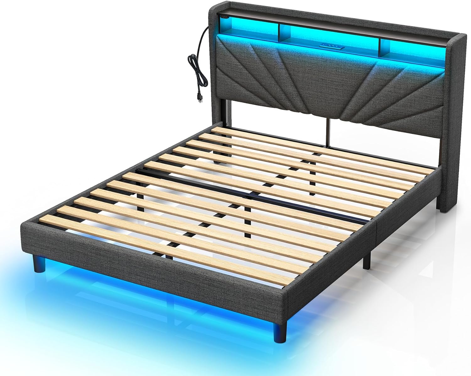 Queen Size Bed Frame Storage Headboard with Charging Station and LED