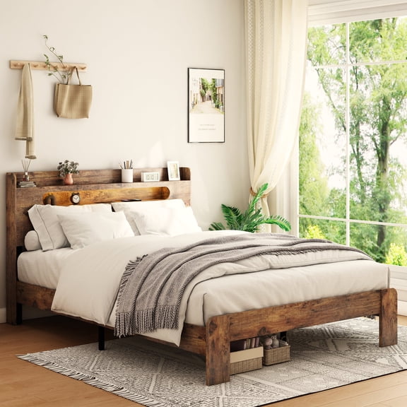Queen Size Bed Frame with Storage Headboard, Wood Platform Bed Frame, with LED Lights and Charging Station, Large Under-Bed Storage, Noise Free, No Box Spring Needed, Dark Brown