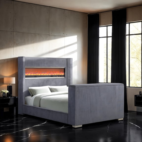 Queen Size Bed Frame with TV Lift Footboard, Gray Fabric and Acacia Wood Contemporary Bed with Wingback Headboard, 3D Fireplace Simulator, Bluetooth and USB, 76"W x 96"D x 67"H