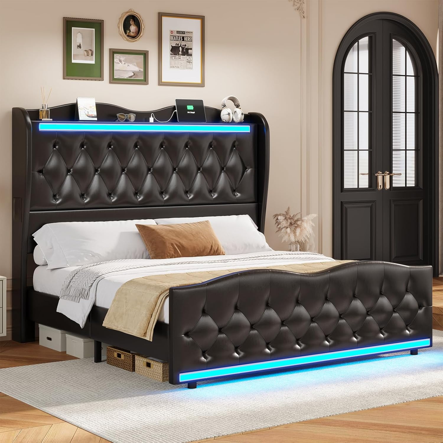 Queen Size Bed Frame Tall Headboard with LED Lights & Charging Station