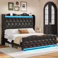 Queen Size Bed Frame Tall Headboard with LED Lights & Charging Station
